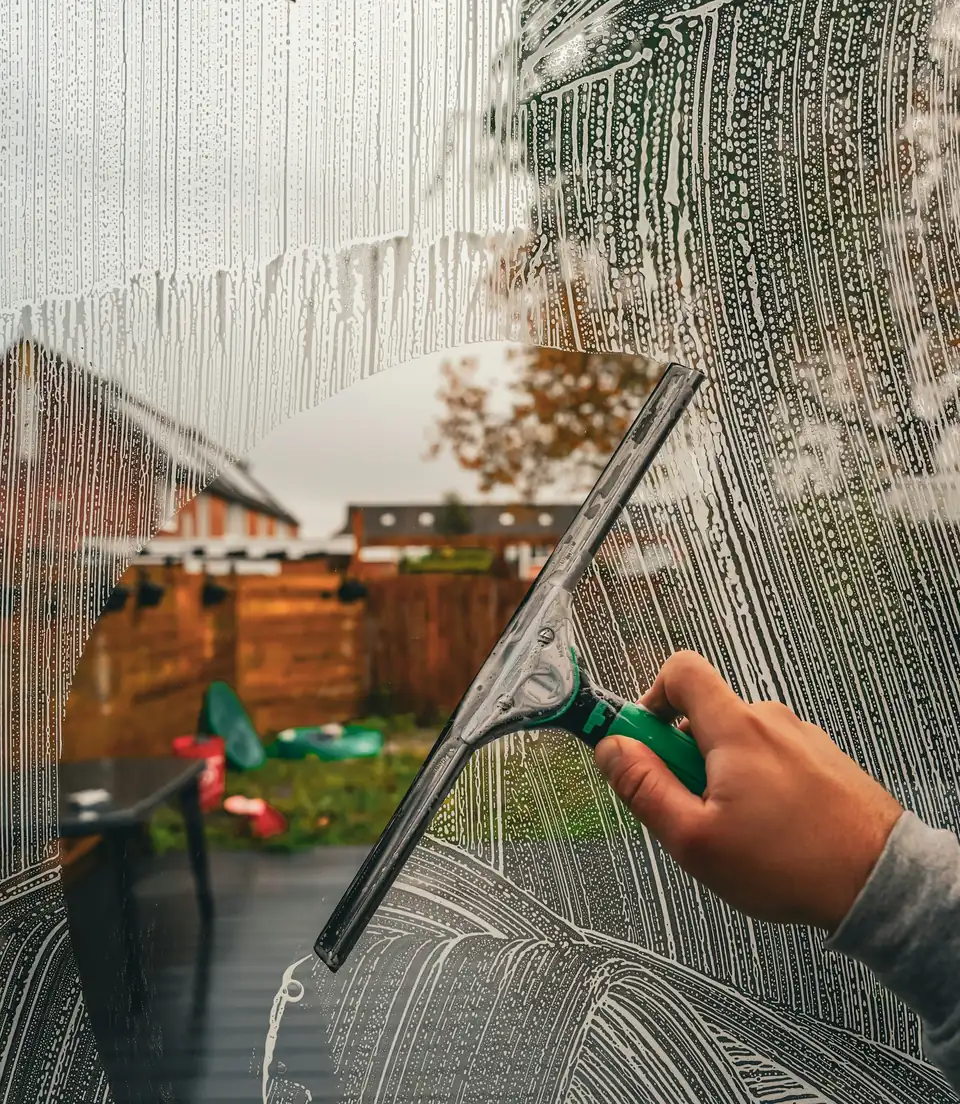 Hand zieht mit dem Abzieher Seifenschaum von einer großen Glasscheibe, dahinter wird der Garten klar sichtbar